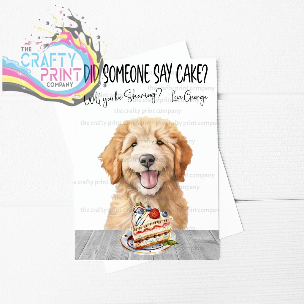Did someone say cake? Goldendoodle A5 Birthday Card -