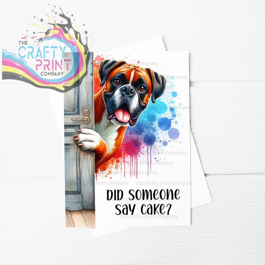 Did someone say cake? Peeking Boxer A5 Birthday Card