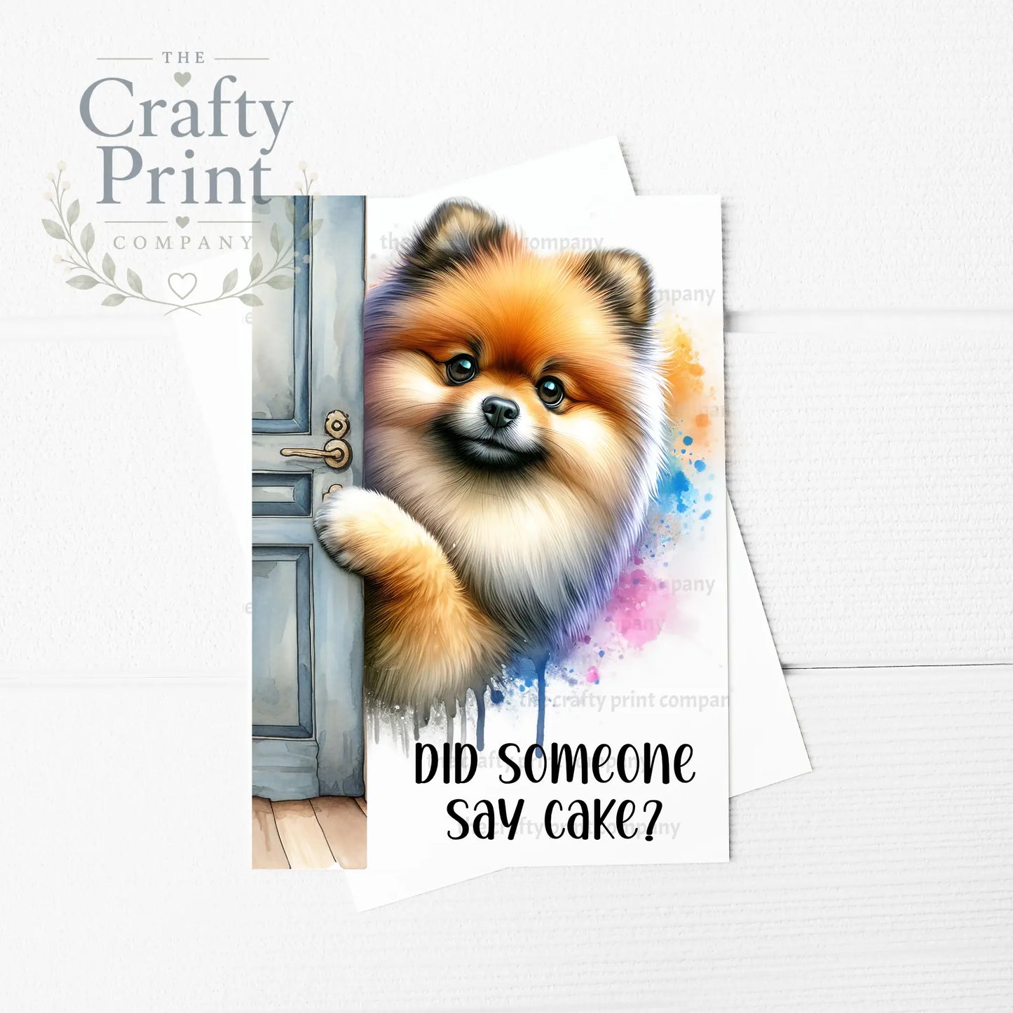 Did someone say cake? Peeking Pomeranian A5 Birthday Card