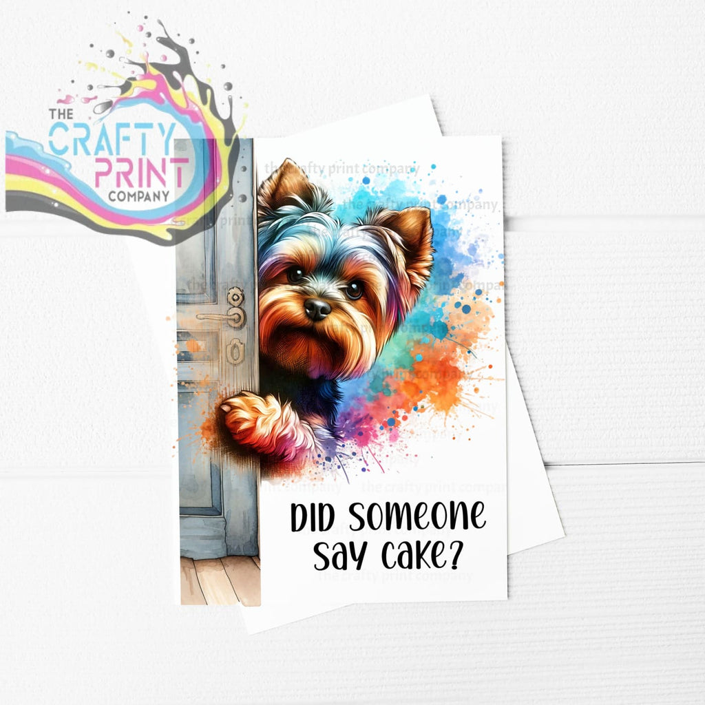 Did someone say cake? Peeking Yorkshire Terrier A5 Birthday