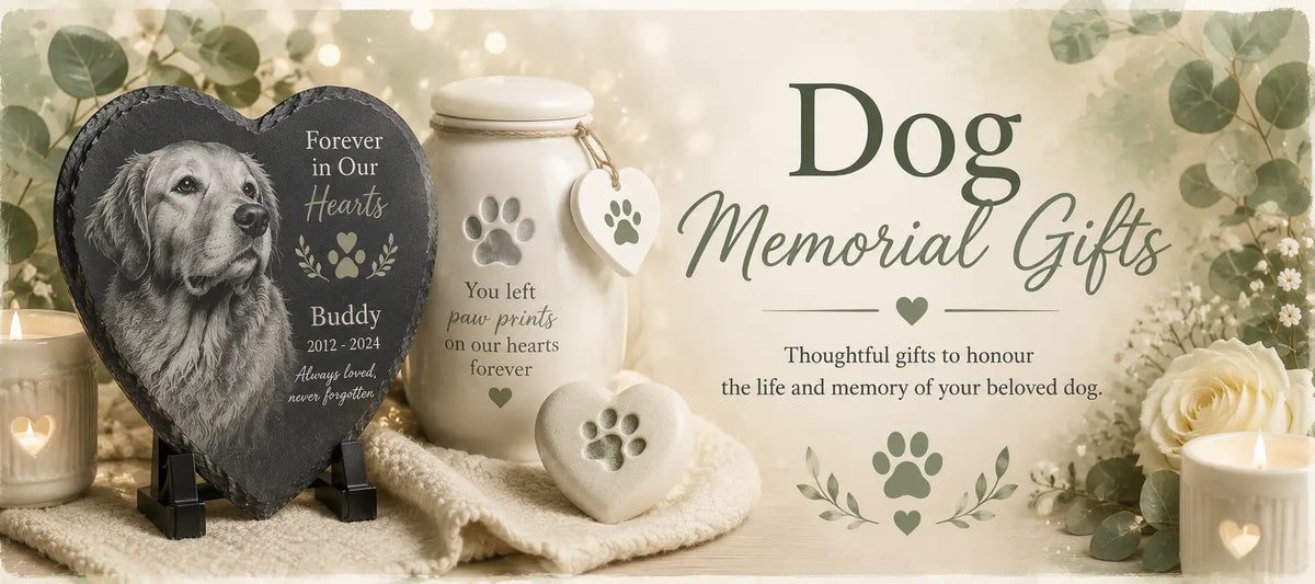 Black slate heart-shaped pet memorial plaque engraved with a golden retriever portrait and personalized inscription.