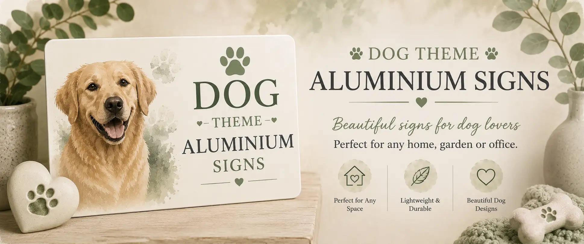 A golden retriever portrait adorns a white aluminum sign with paw print and dog-themed text.