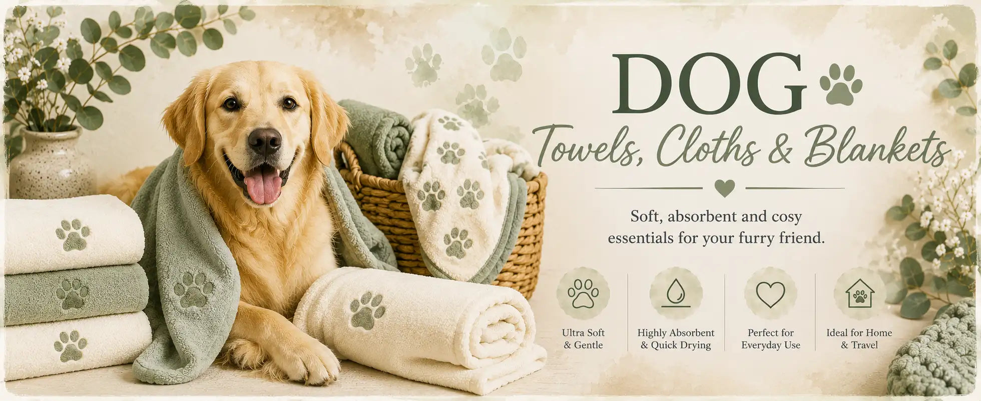 A golden retriever dog wrapped in a soft, light green towel with gray paw print patterns.