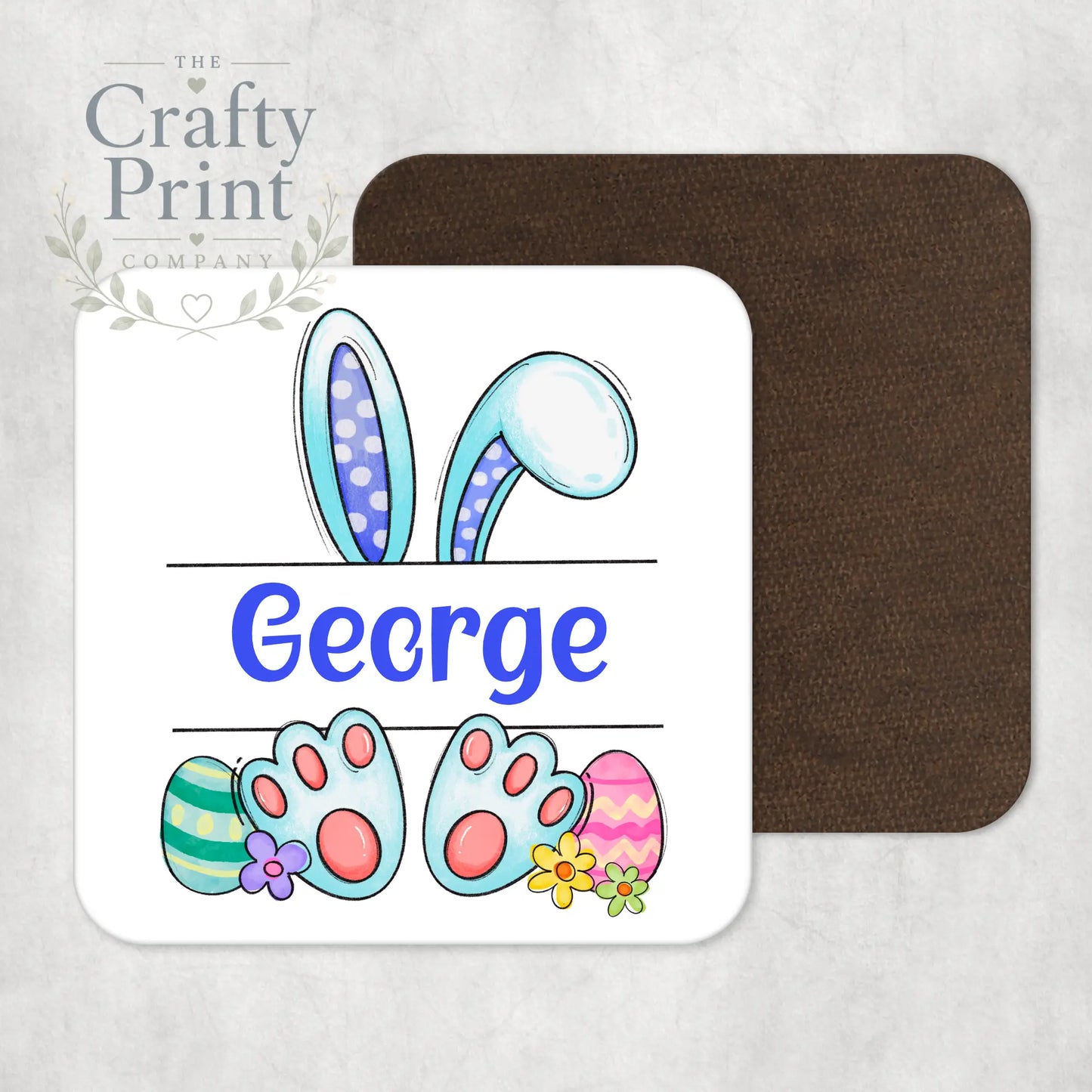 Easter Bunny Ears Feet Personalised Coaster - Blue