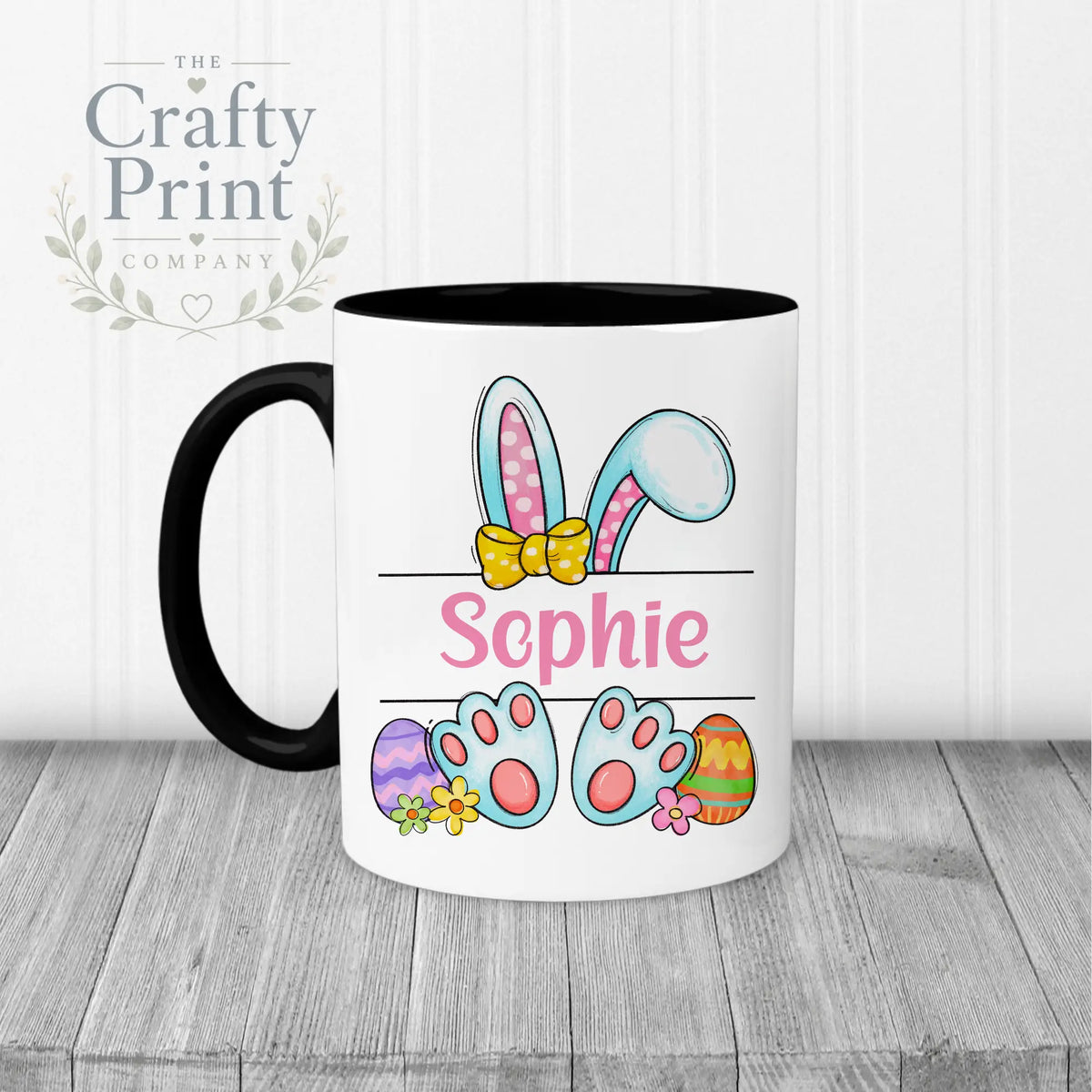 Easter Bunny Ears Feet Personalised Mug - Black Handle &
