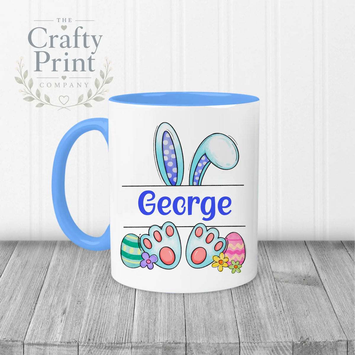 Easter Bunny Ears Feet Personalised Mug - Blue Handle &