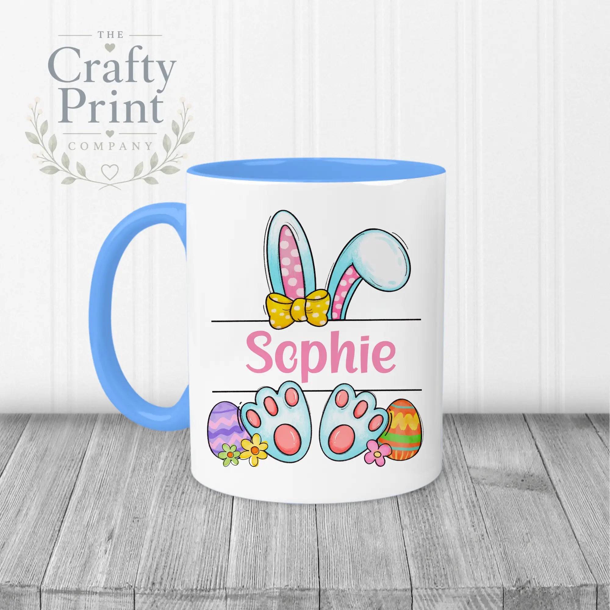 Easter Bunny Ears Feet Personalised Mug - Blue Handle &