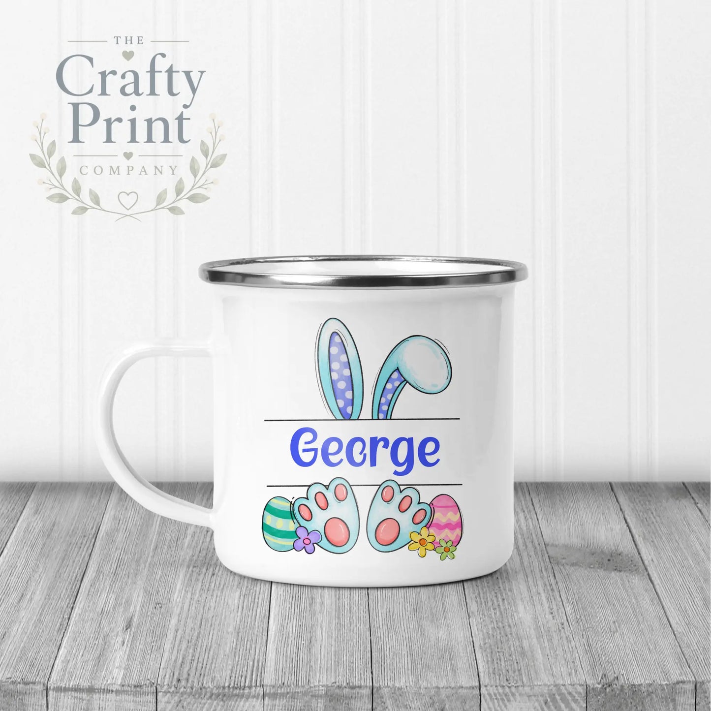 Easter Bunny Ears Feet Personalised Mug - Enamel / Blue