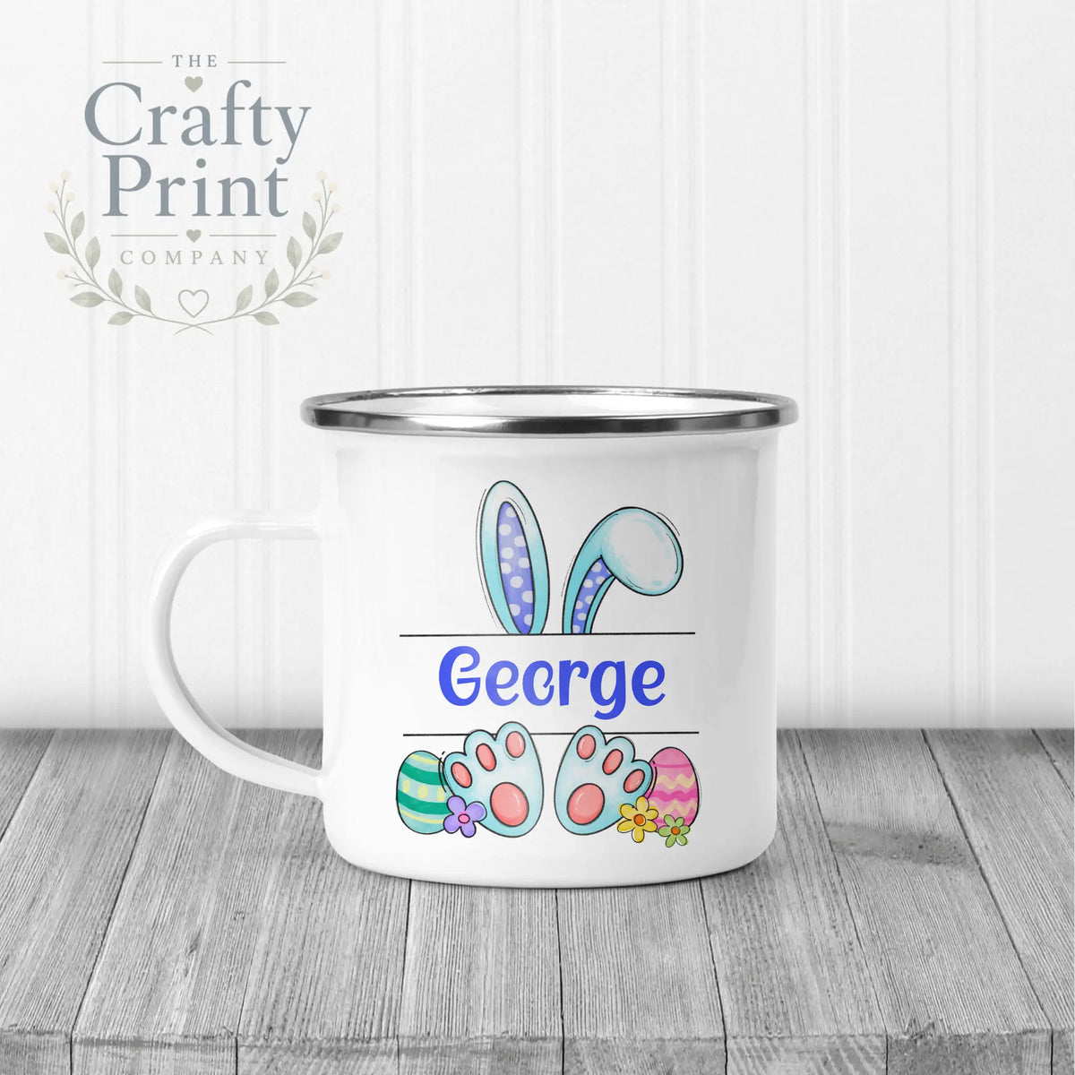 Easter Bunny Ears Feet Personalised Mug - Enamel / Blue