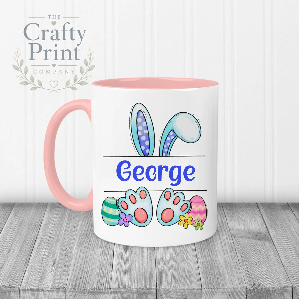 Easter Bunny Ears Feet Personalised Mug - Pink Handle &