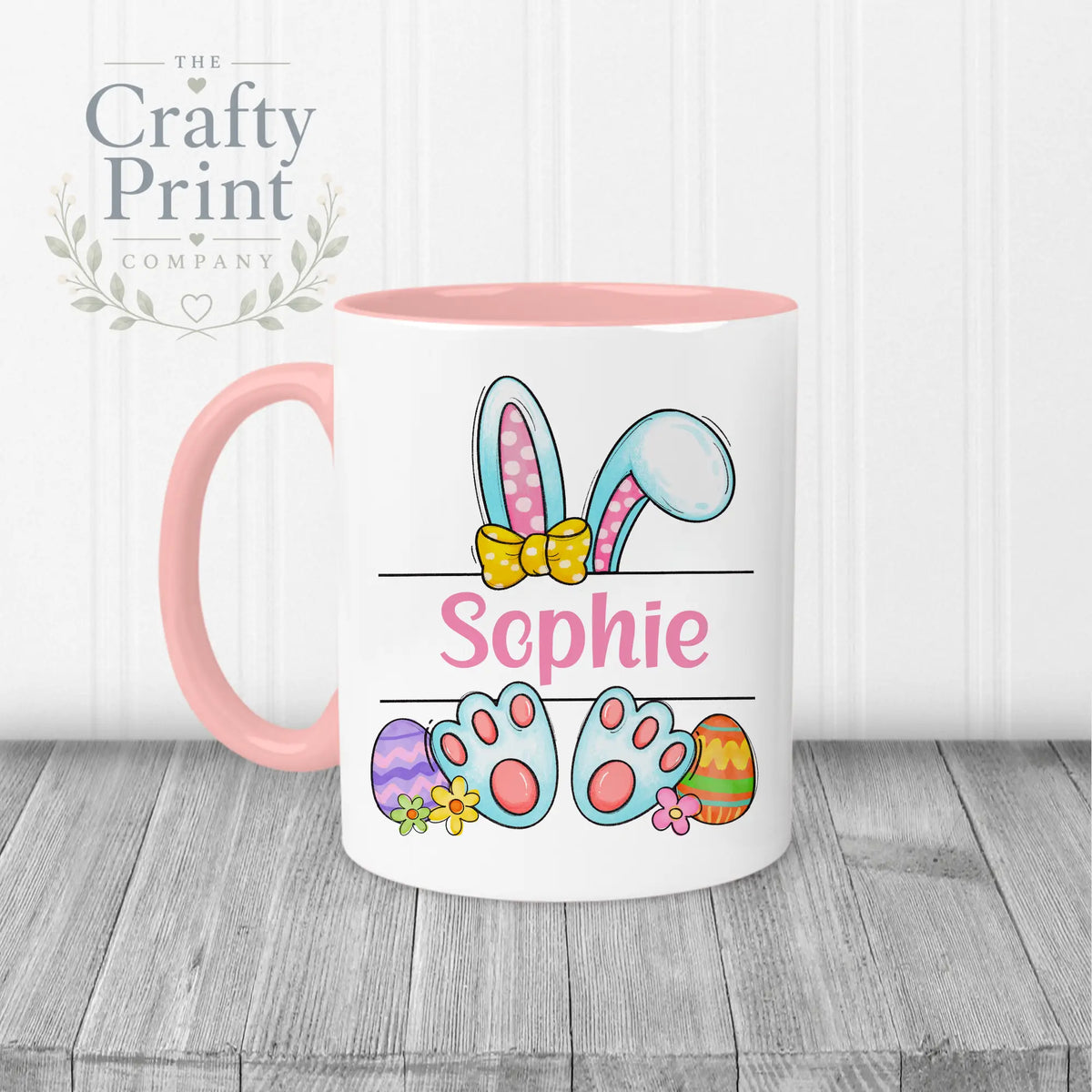 Easter Bunny Ears Feet Personalised Mug - Pink Handle &