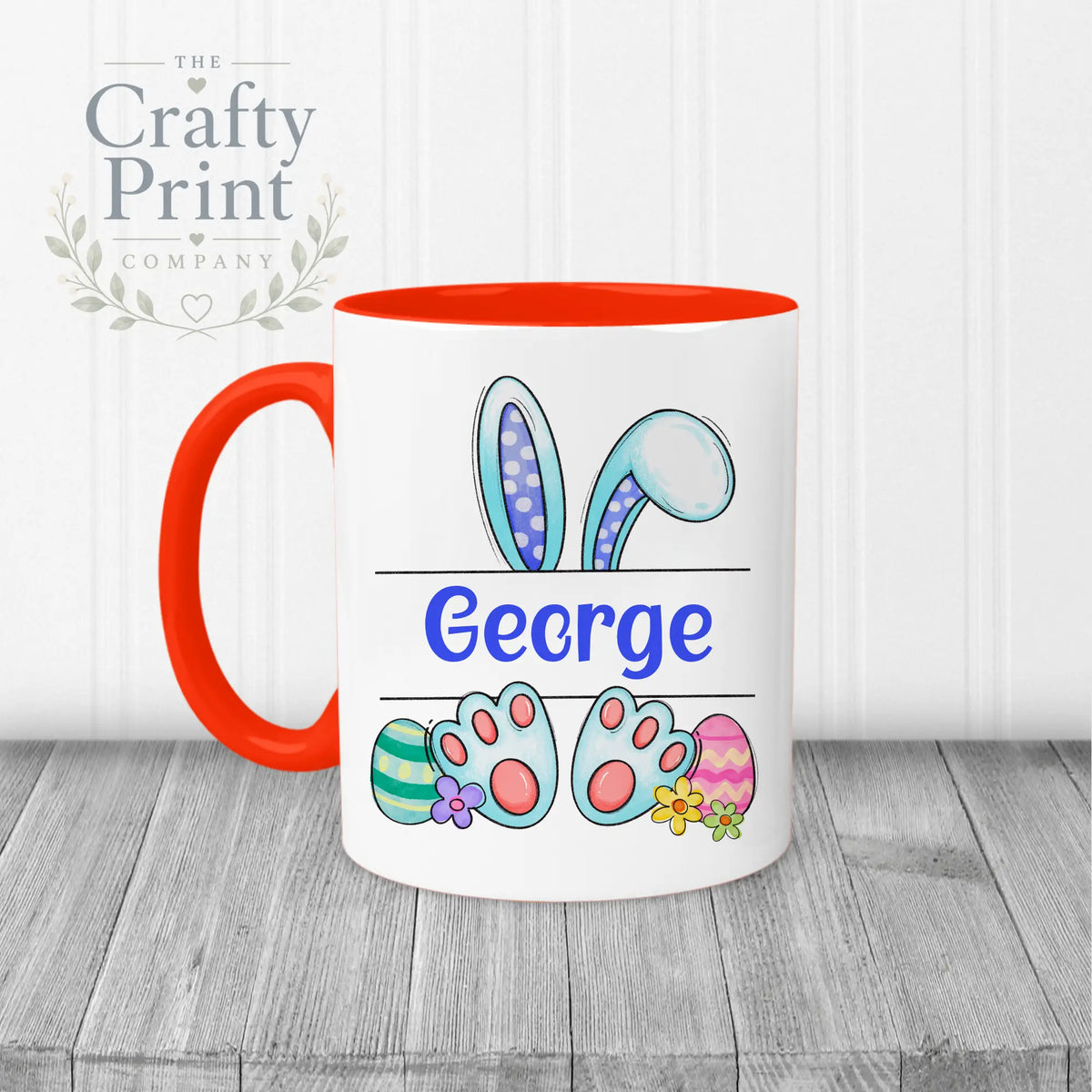 Easter Bunny Ears Feet Personalised Mug - Red Handle &