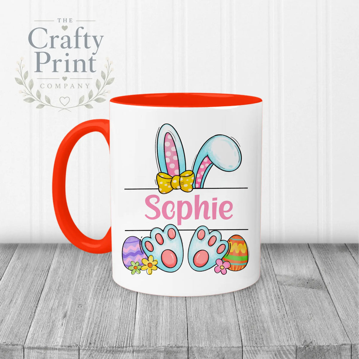 Easter Bunny Ears Feet Personalised Mug - Red Handle &