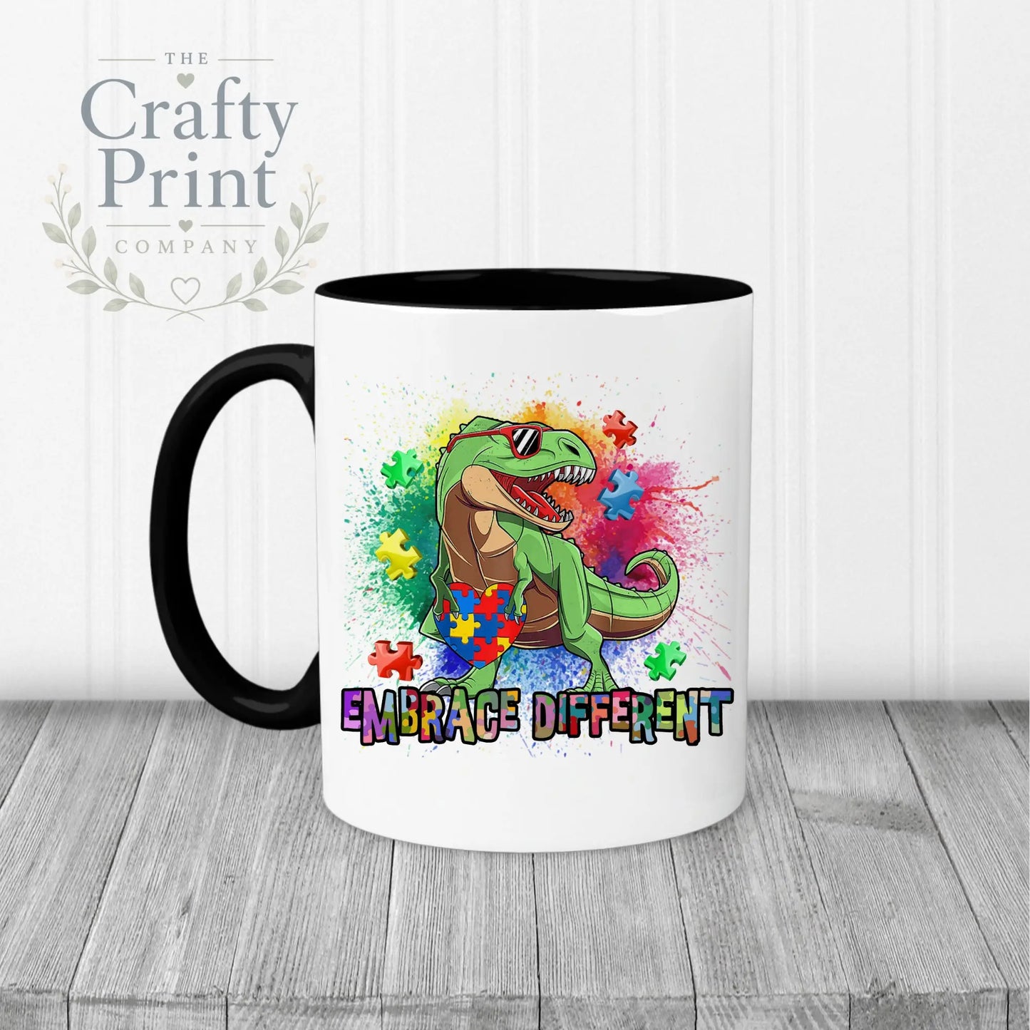 Embrace Different Autism Dinosaur Mug - Black Handle &