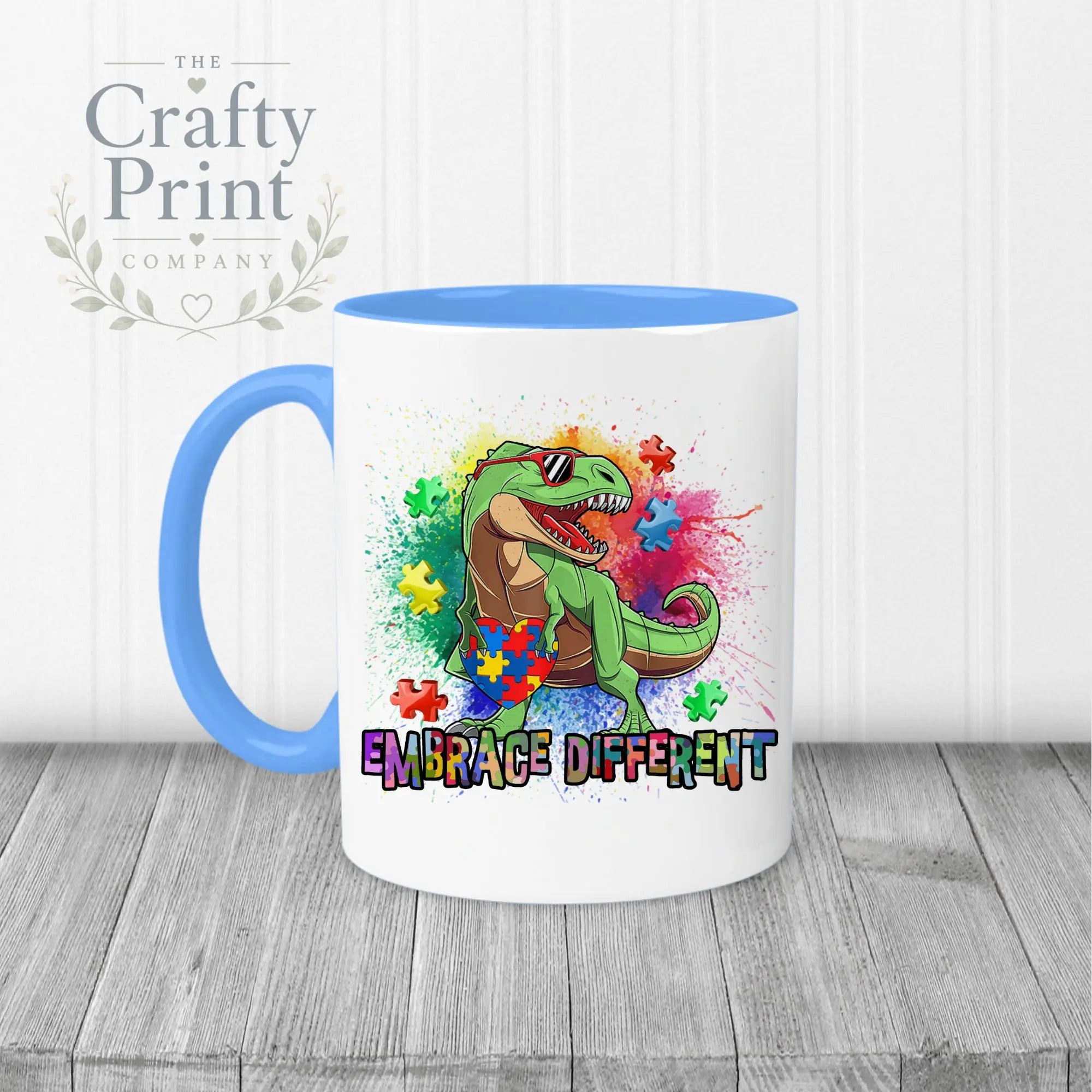 Embrace Different Autism Dinosaur Mug - Blue Handle & Inner