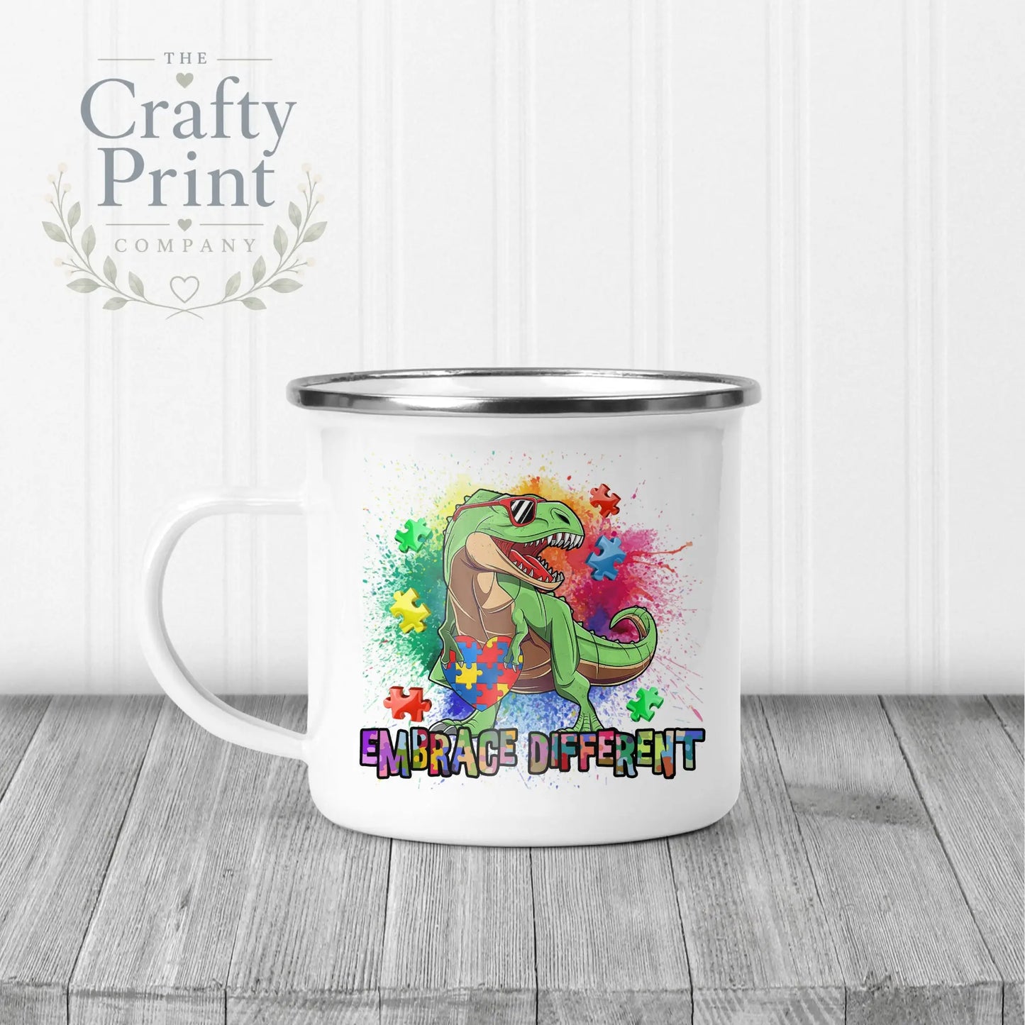 Embrace Different Autism Dinosaur Mug - Enamel - Mugs