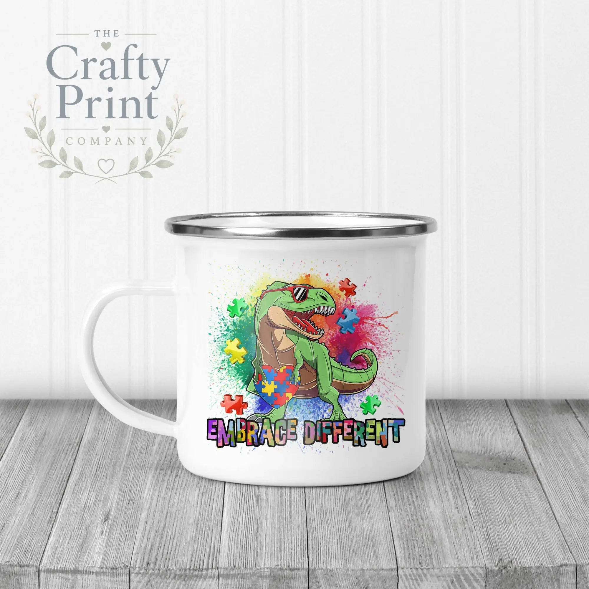 Embrace Different Autism Dinosaur Mug - Enamel - Mugs