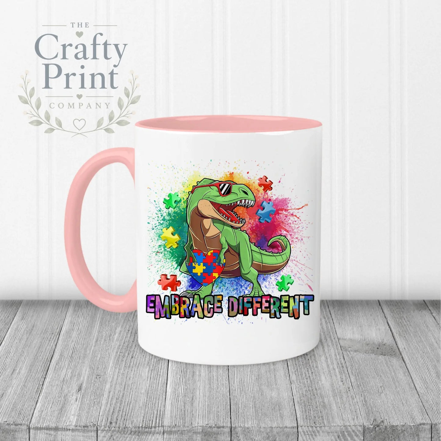 Embrace Different Autism Dinosaur Mug - Pink Handle & Inner