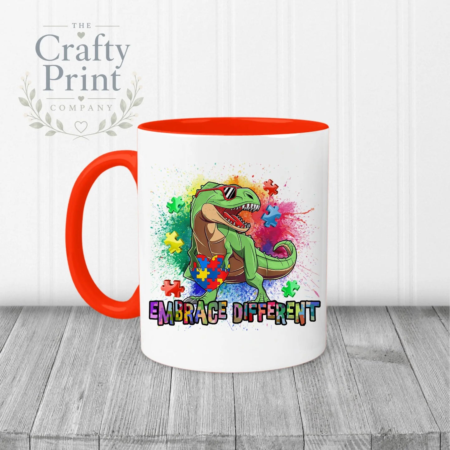 Embrace Different Autism Dinosaur Mug - Red Handle & Inner