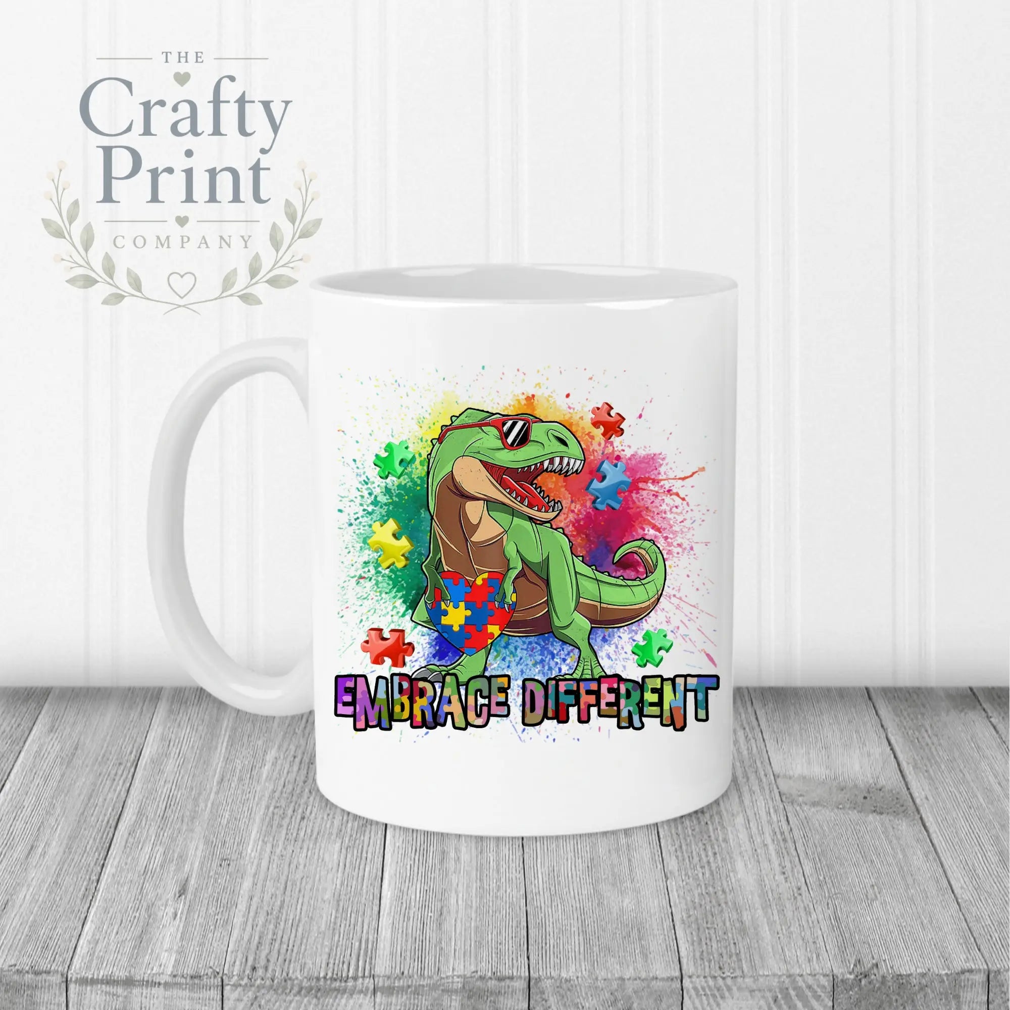 Embrace Different Autism Dinosaur Mug - White Handle &