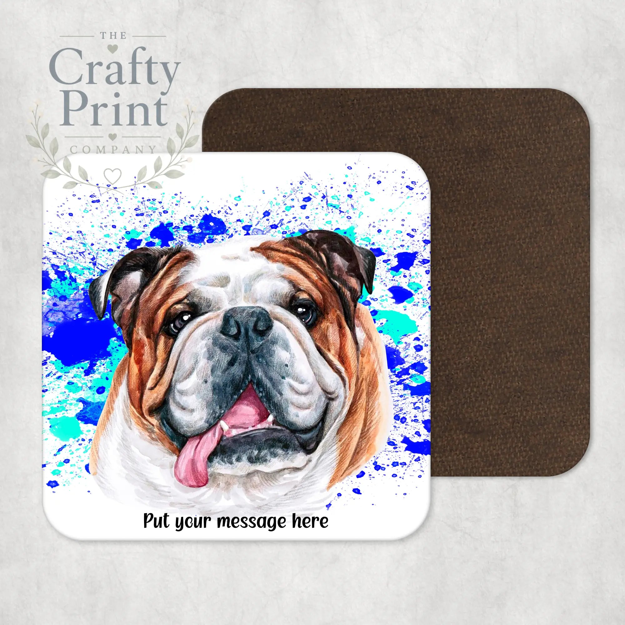 English Bulldog Paint Splatter Personalised Coaster - Blue