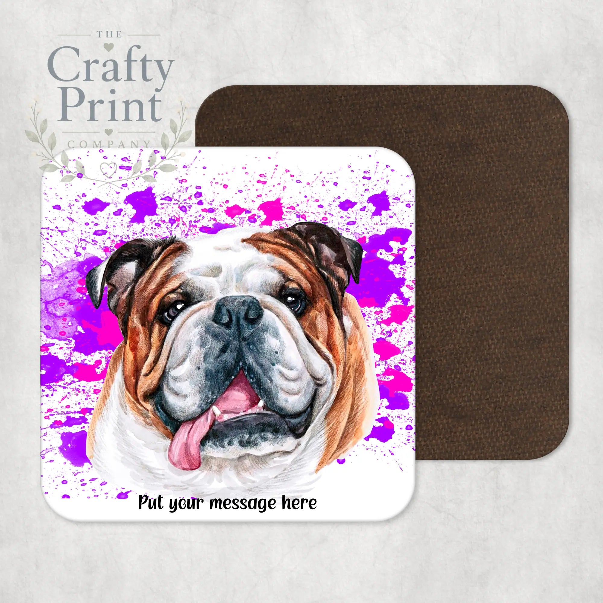 English Bulldog Paint Splatter Personalised Coaster - Pink