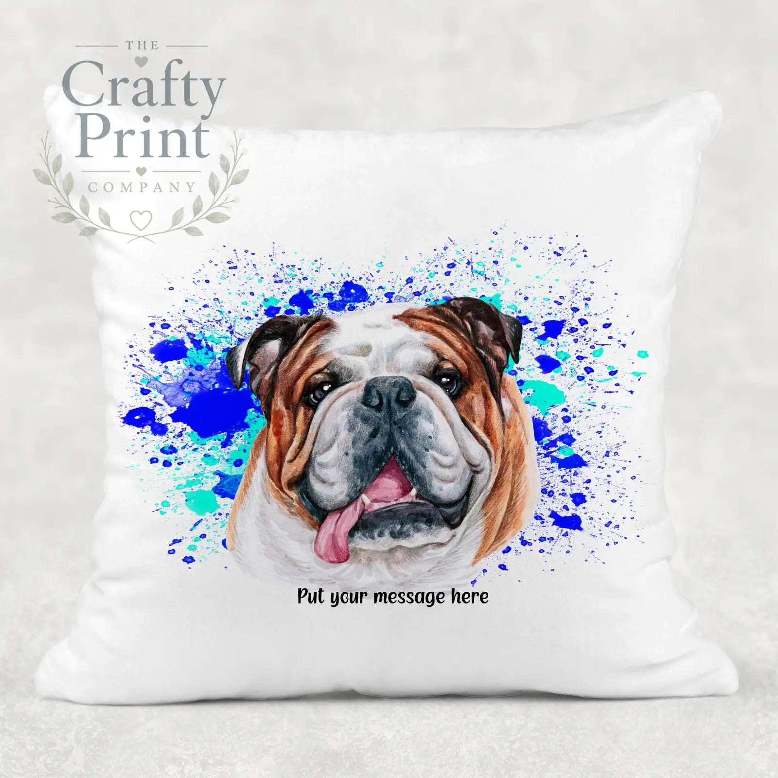 English Bulldog Paint Splatter Personalised Cushion - Blue