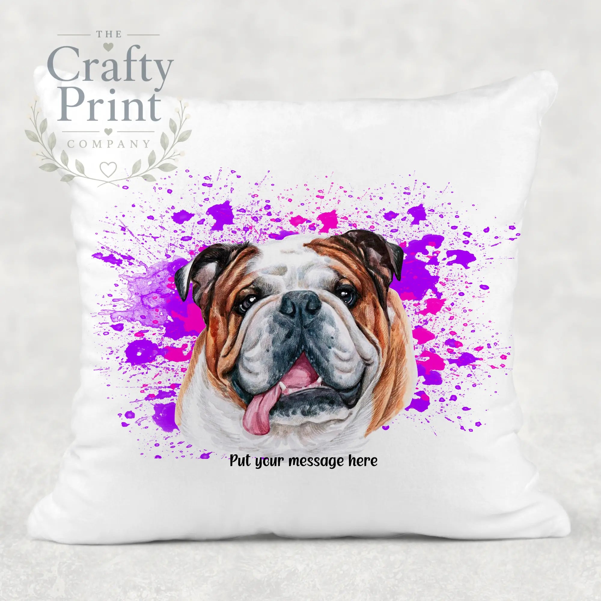 English Bulldog Paint Splatter Personalised Cushion - Pink