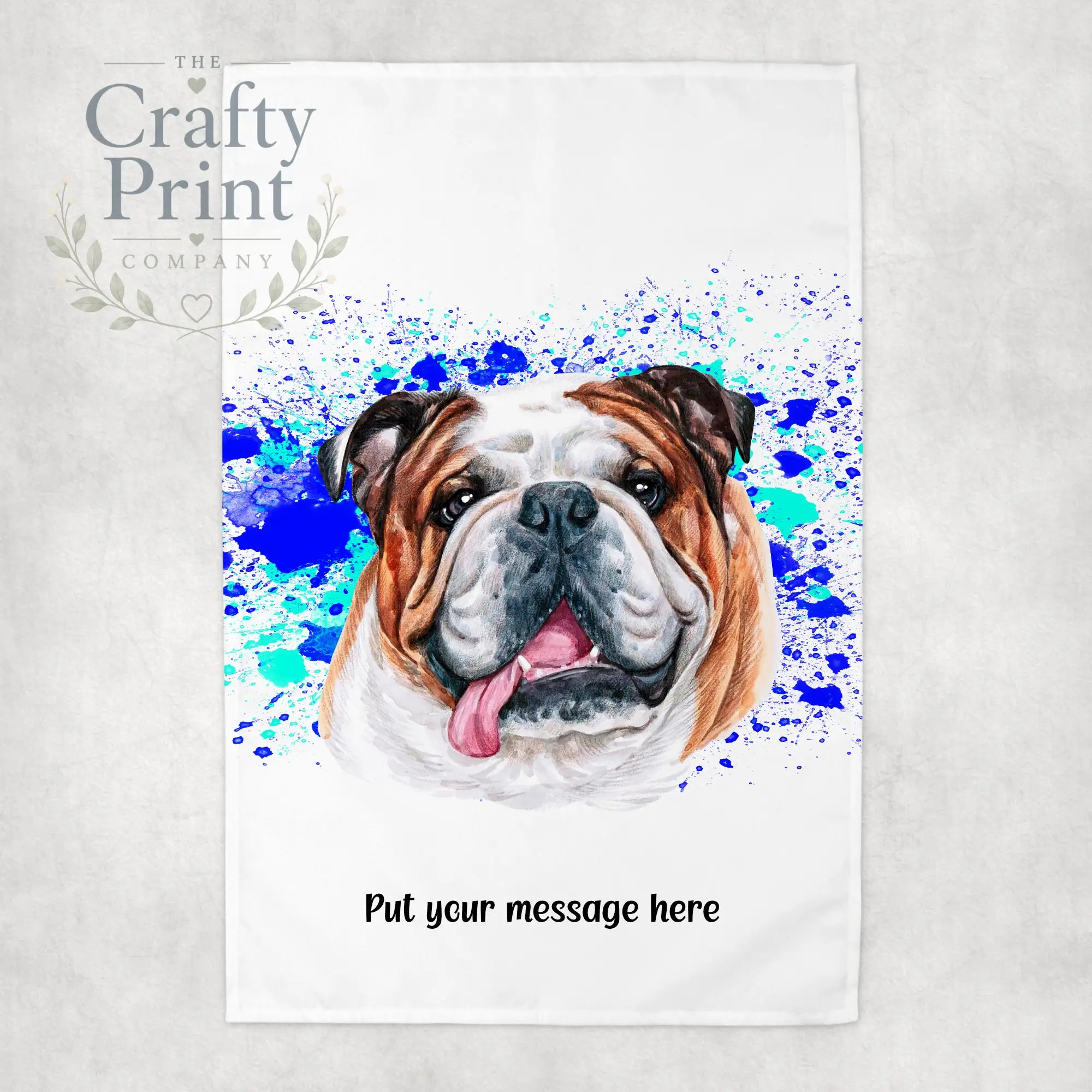 English Bulldog Paint Splatter Personalised Tea Towel