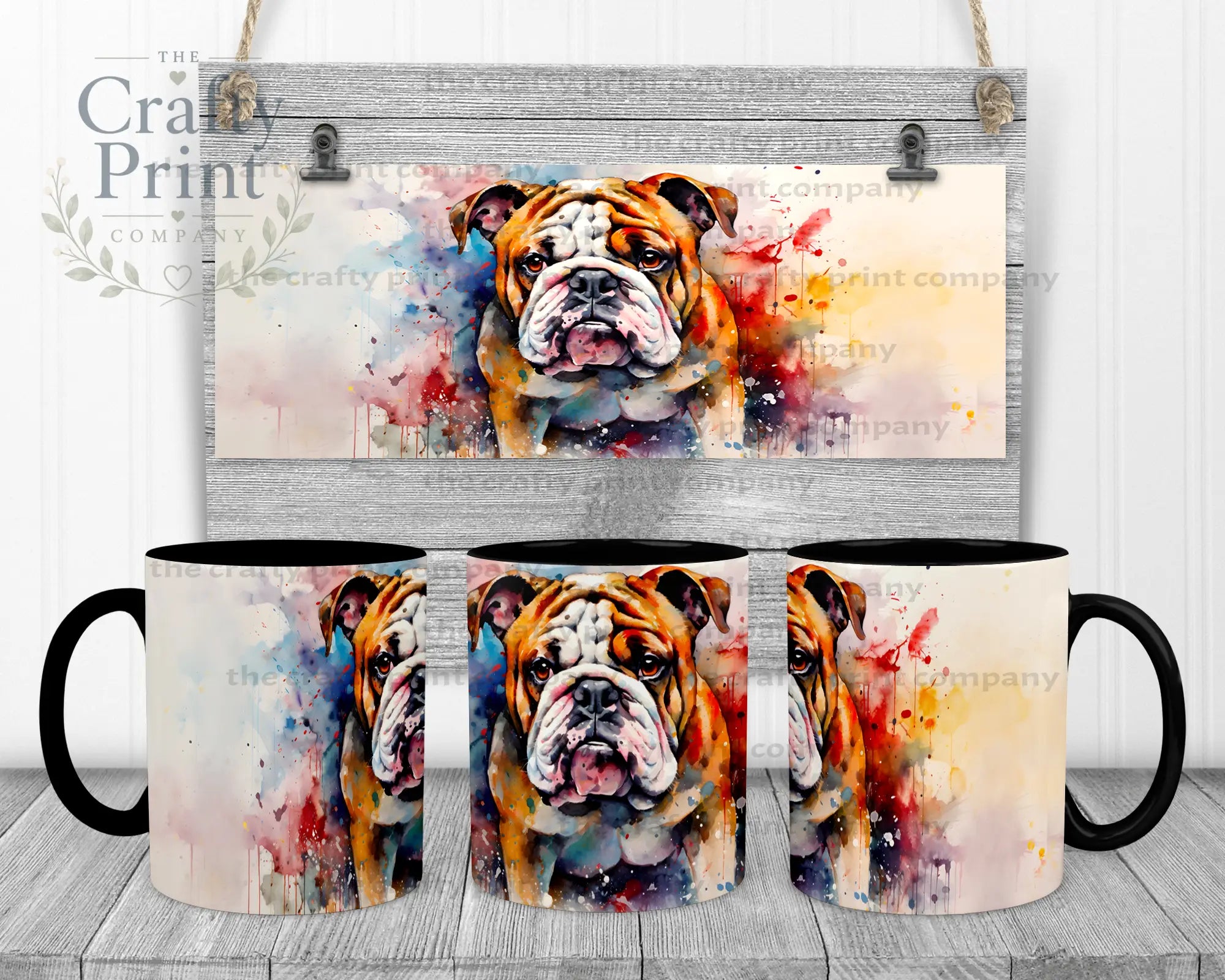 English Bulldog Watercolour Mug - Black Handle & Inner