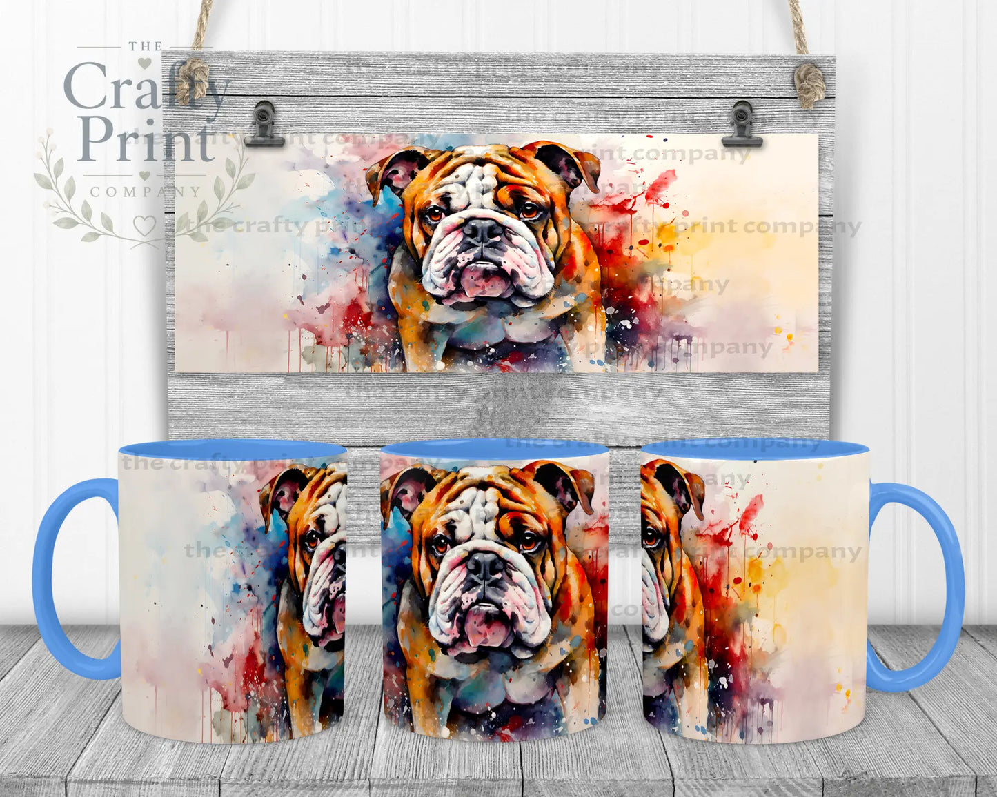 English Bulldog Watercolour Mug - Blue Handle & Inner - Mugs