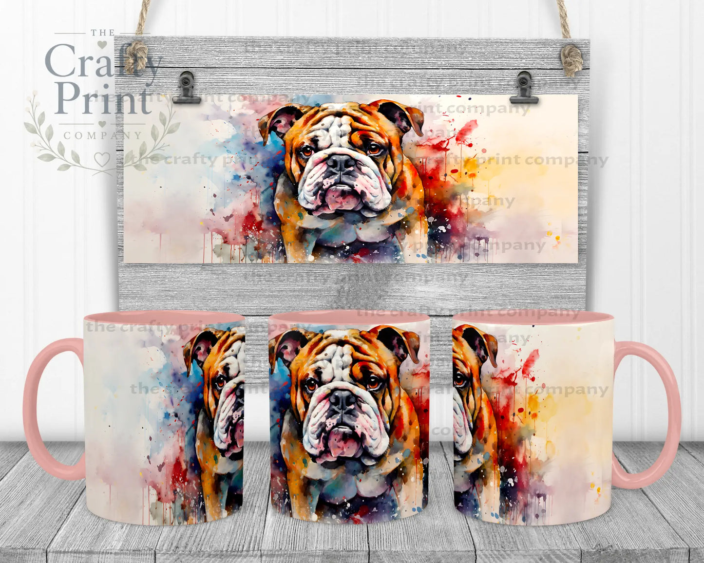 English Bulldog Watercolour Mug - Pink Handle & Inner - Mugs