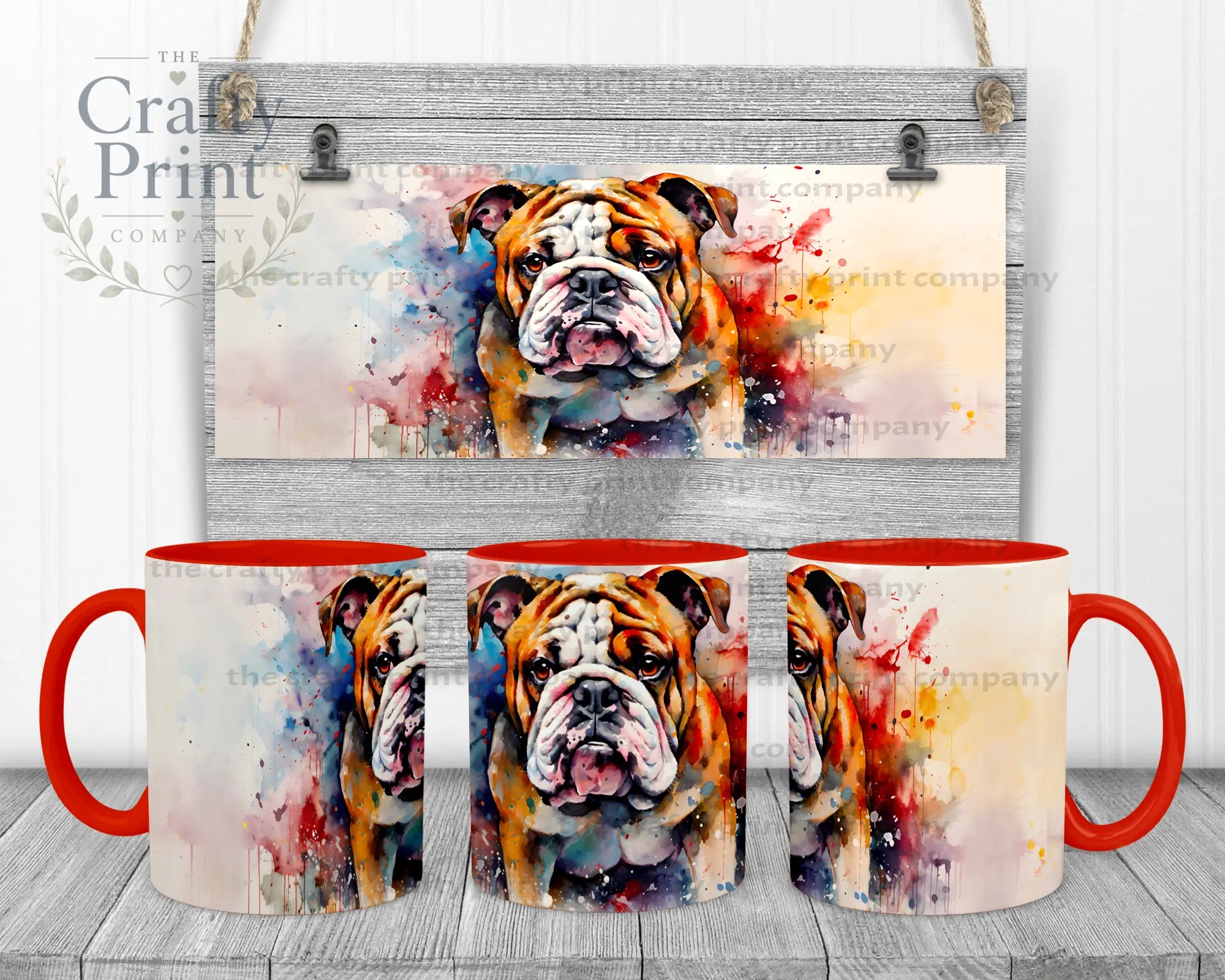 English Bulldog Watercolour Mug - Red Handle & Inner - Mugs
