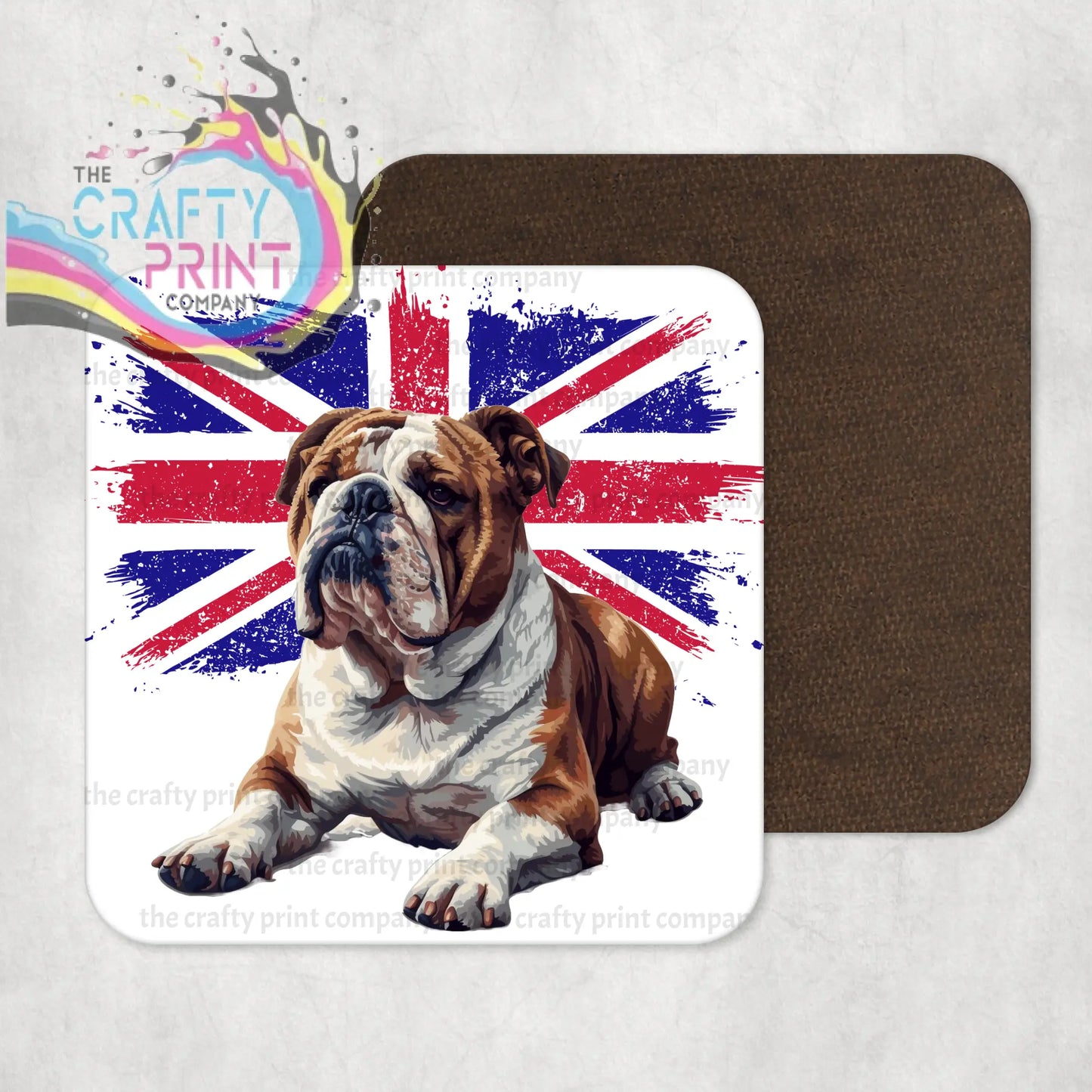 White high gloss finish coaster featuring a brown and white english bulldog with a distressed england flag design