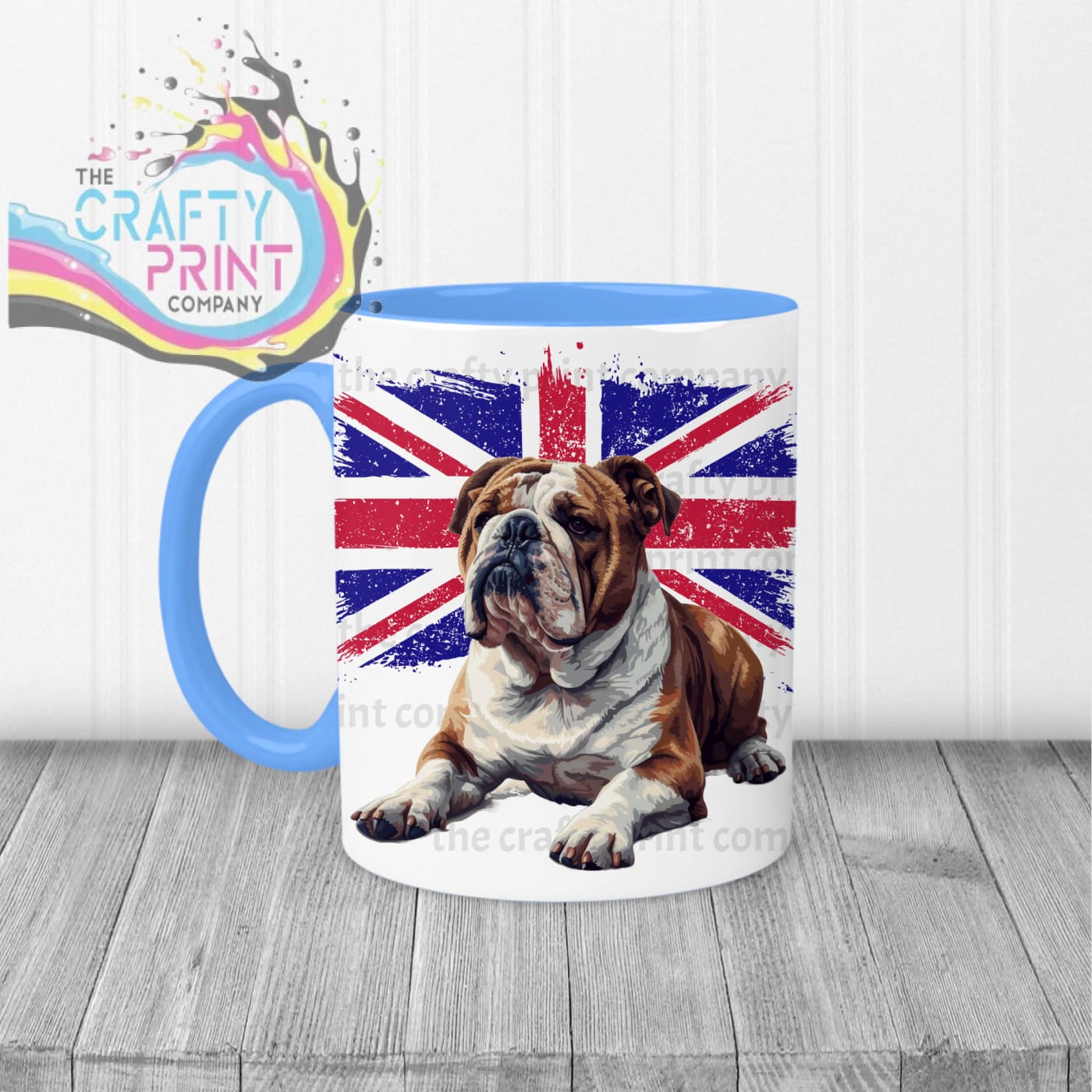 English Bulldog with Flag Mug - Blue Handle & Inner - Mugs