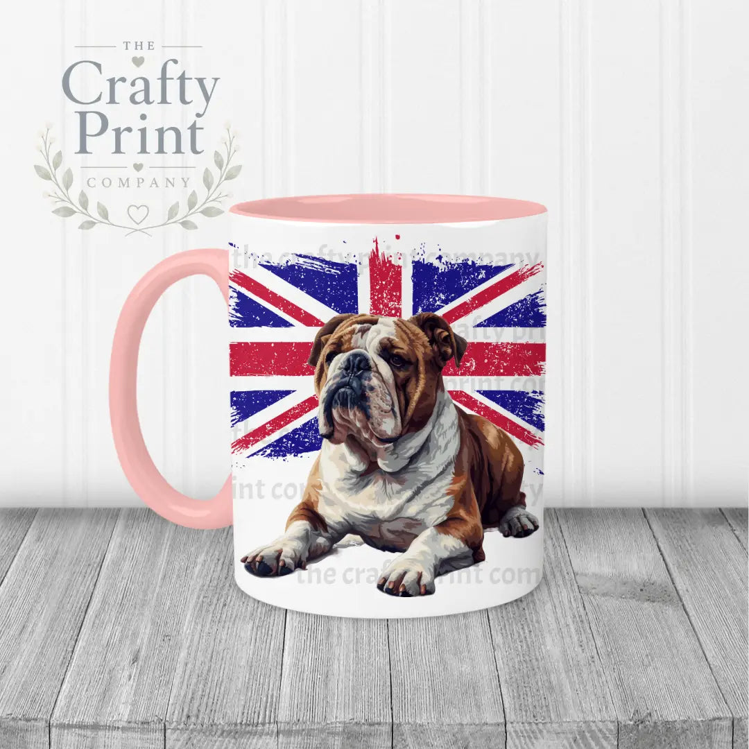 English Bulldog with Flag Mug - Pink Handle & Inner - Mugs