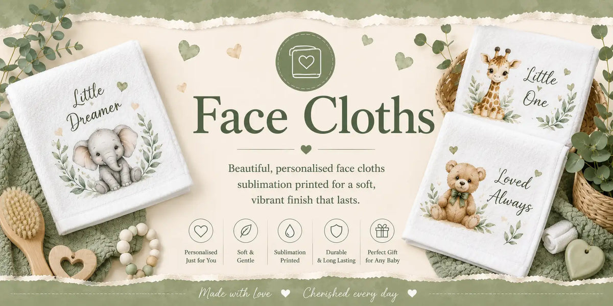 White face cloth featuring a soft, sublimation-printed illustration of an elephant surrounded by greenery and the text ’little dreamer.’