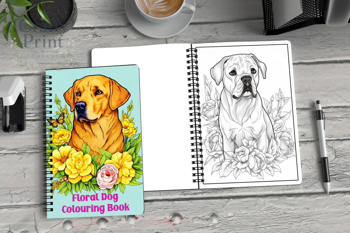 A vibrant turquoise floral dog coloring book featuring a golden labrador retriever and flower designs for relaxation