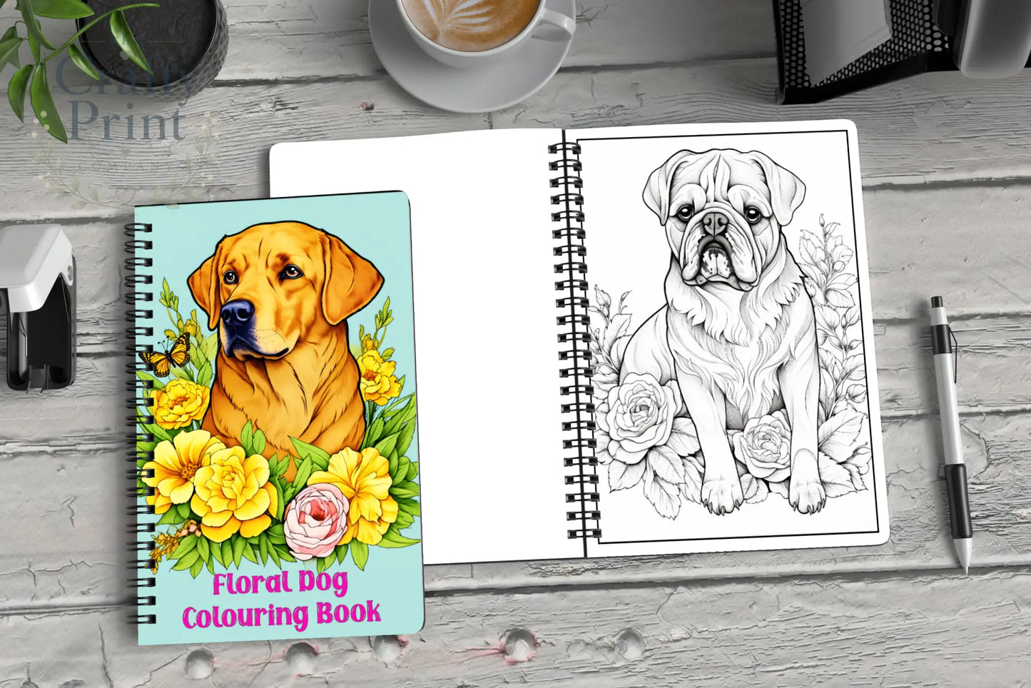 A vibrant turquoise floral dog coloring book featuring a golden labrador retriever with yellow and pink flowers