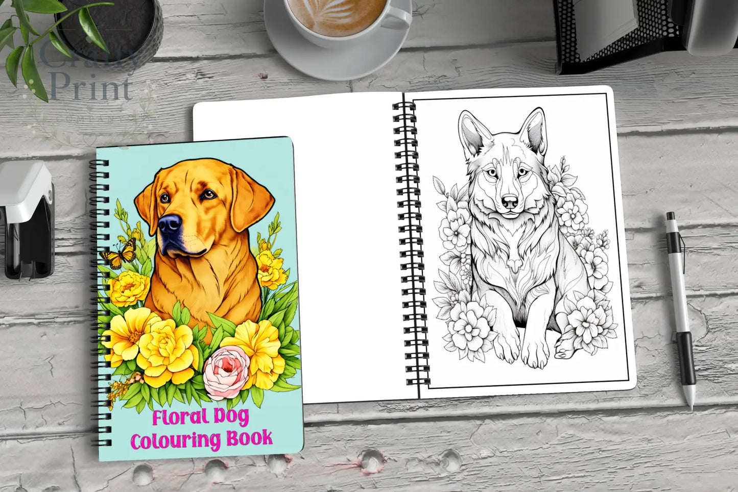 A vibrant turquoise floral dog coloring book with a golden labrador and yellow pink flowers for relaxing coloring