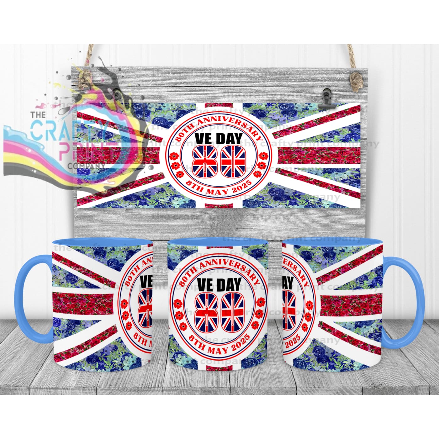 Floral VE Day Mug - Blue Handle & Inner - Mugs