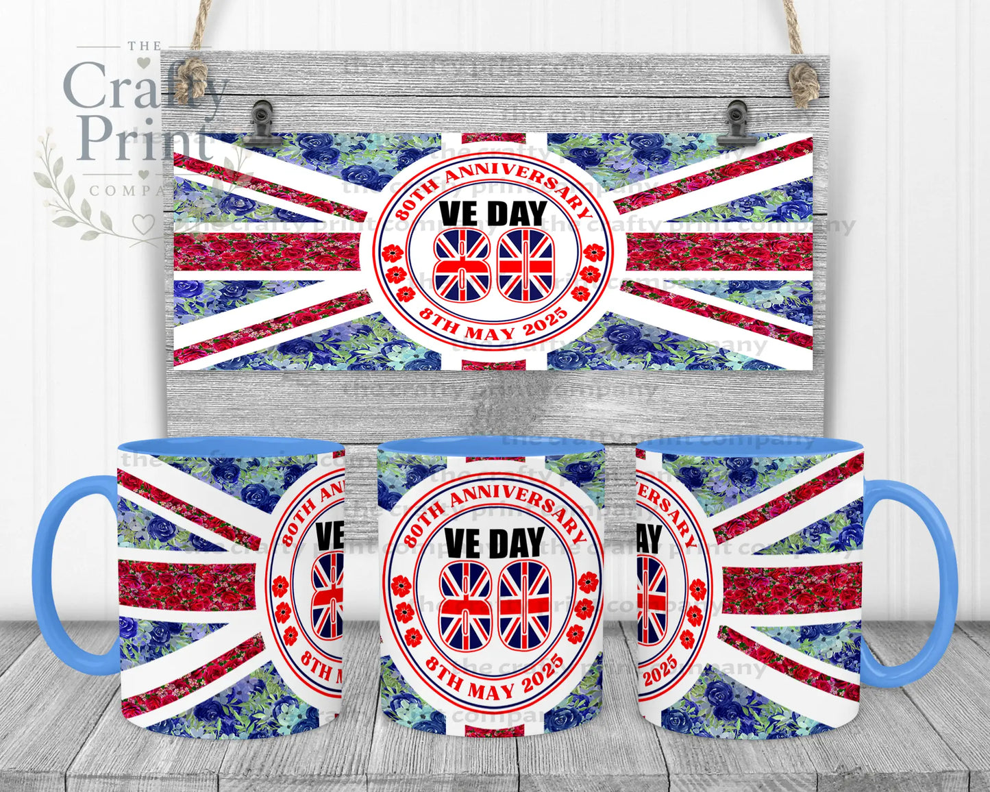 Floral VE Day Mug - Blue Handle & Inner - Mugs