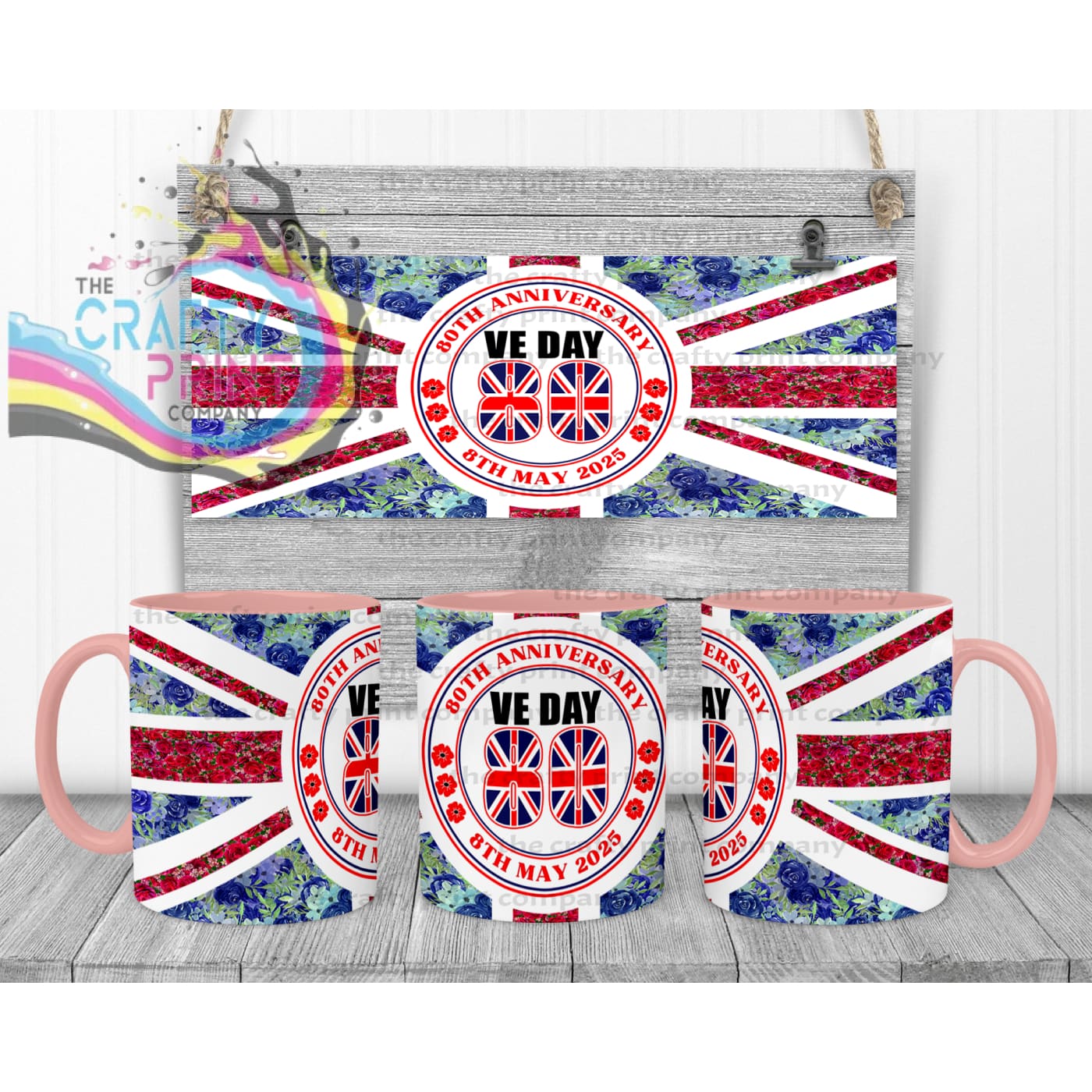 Floral VE Day Mug - Pink Handle & Inner - Mugs