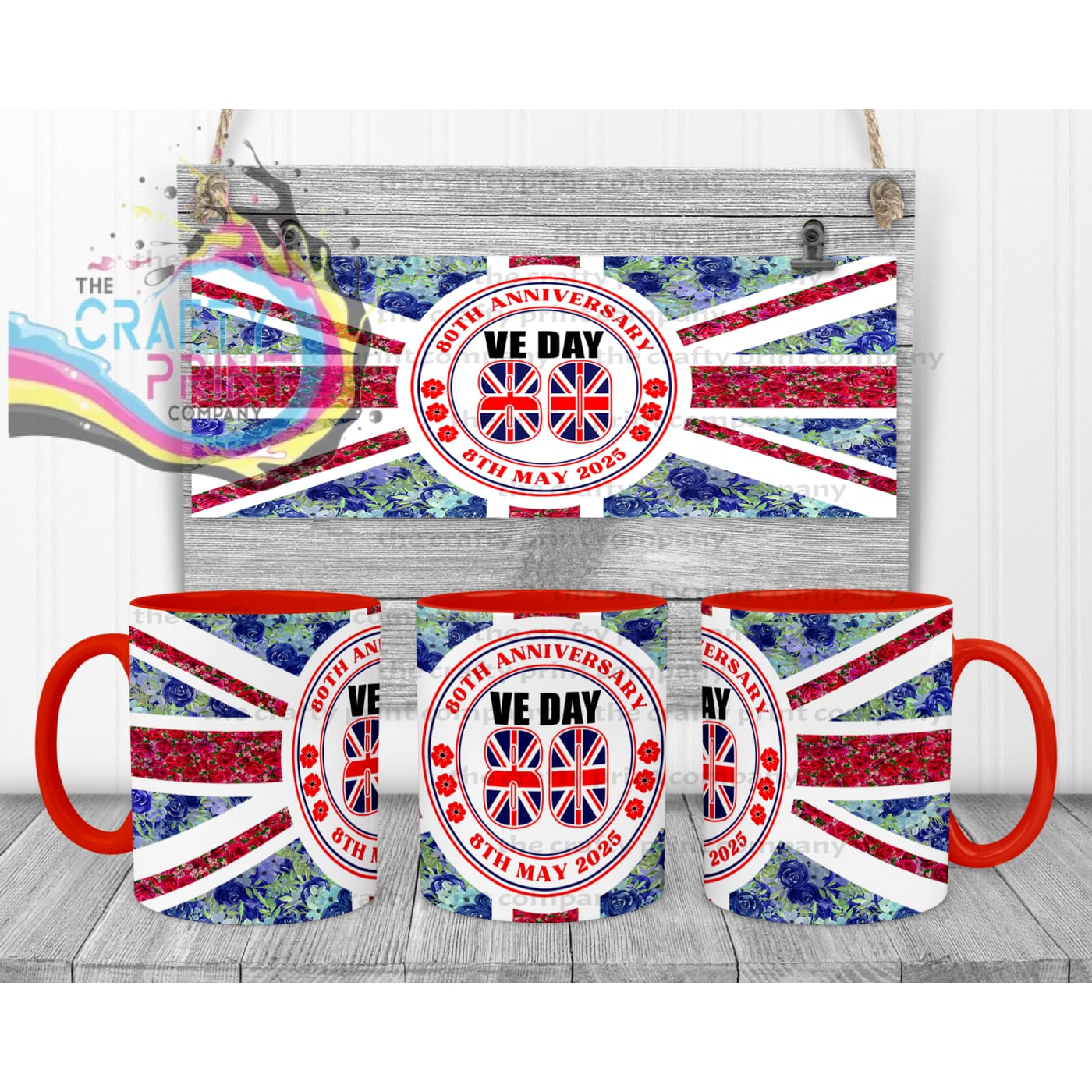 Floral VE Day Mug - Red Handle & Inner - Mugs