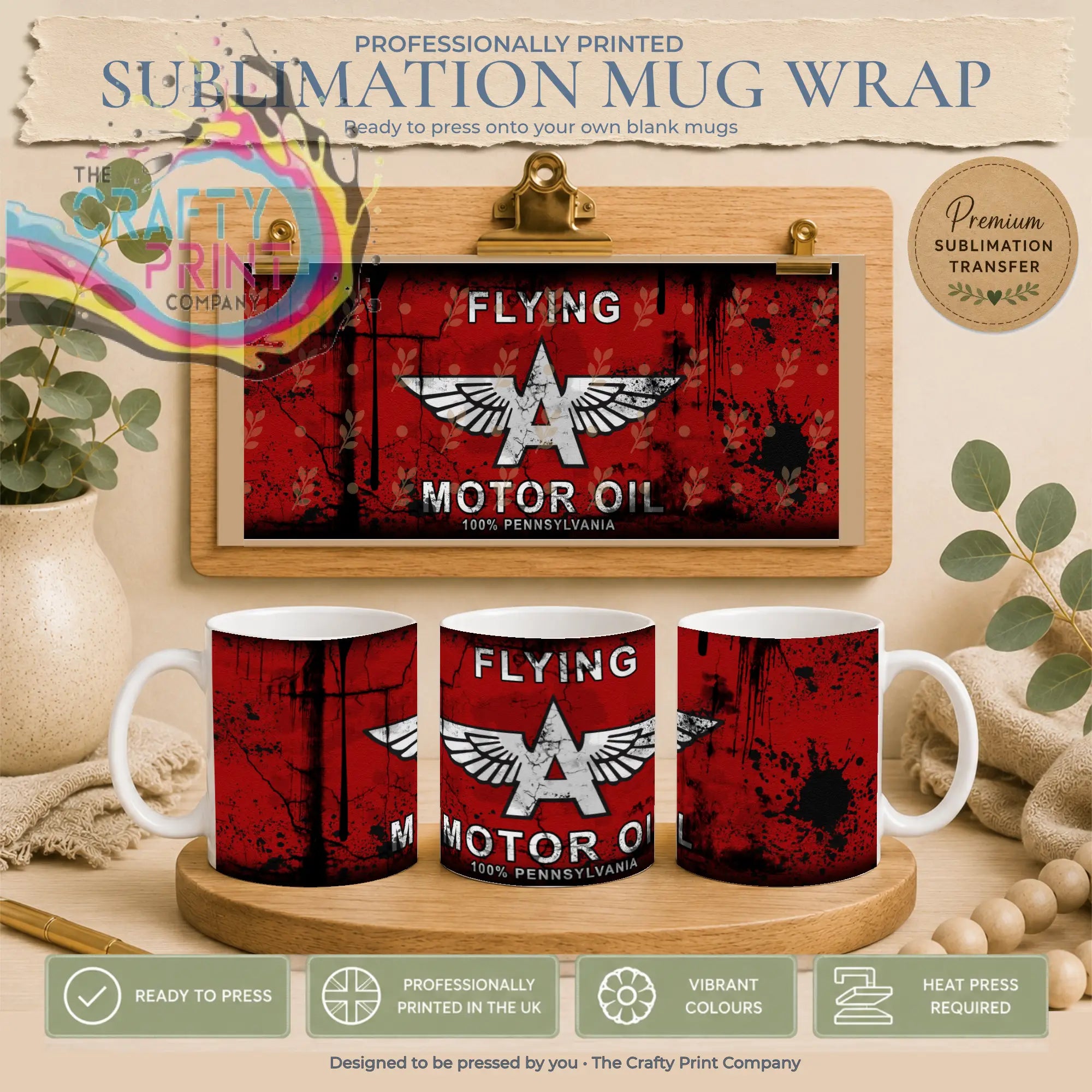 Red sublimation mug wrap featuring a distressed white flying motor oil logo with wings for ready to press mugs UK