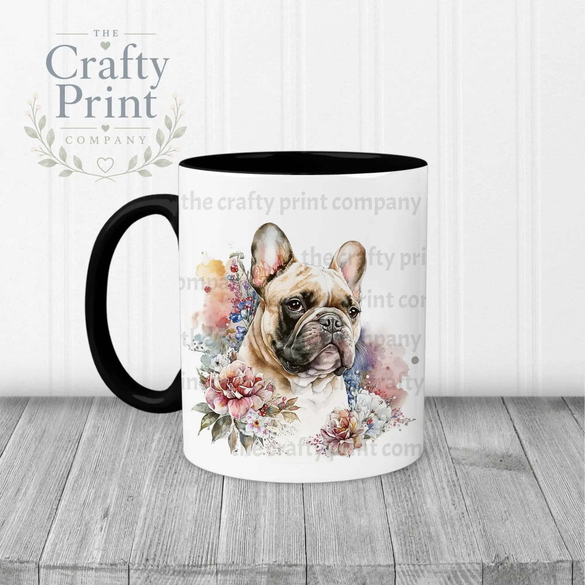French Bulldog Pastel Flowers Mug - Black Handle & Inner