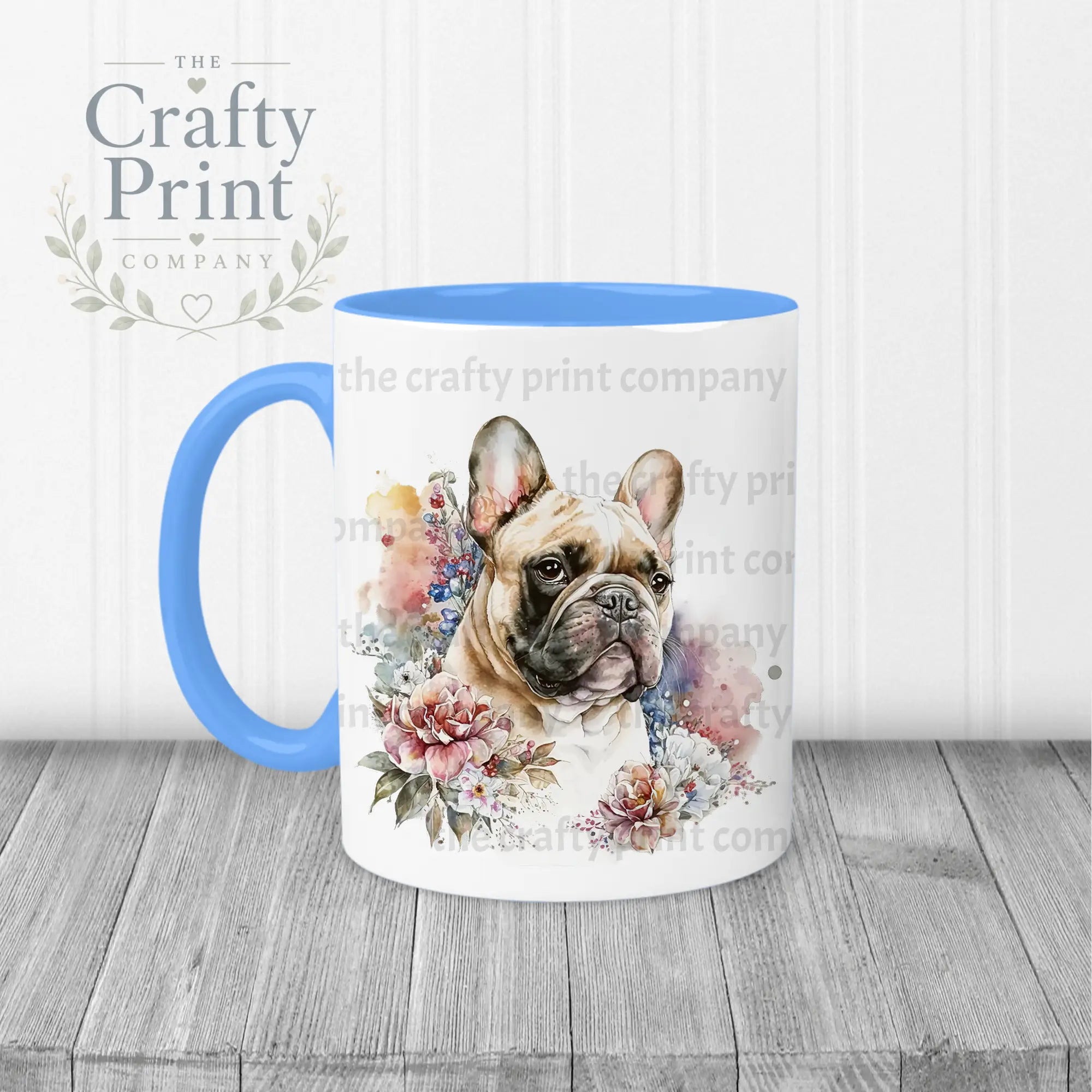 French Bulldog Pastel Flowers Mug - Blue Handle & Inner