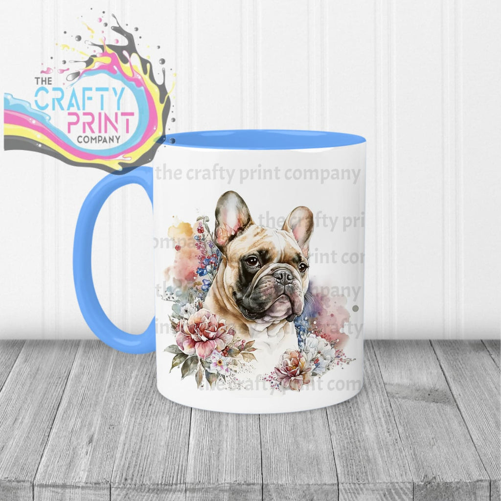 French Bulldog Pastel Flowers Mug - Blue Handle & Inner -