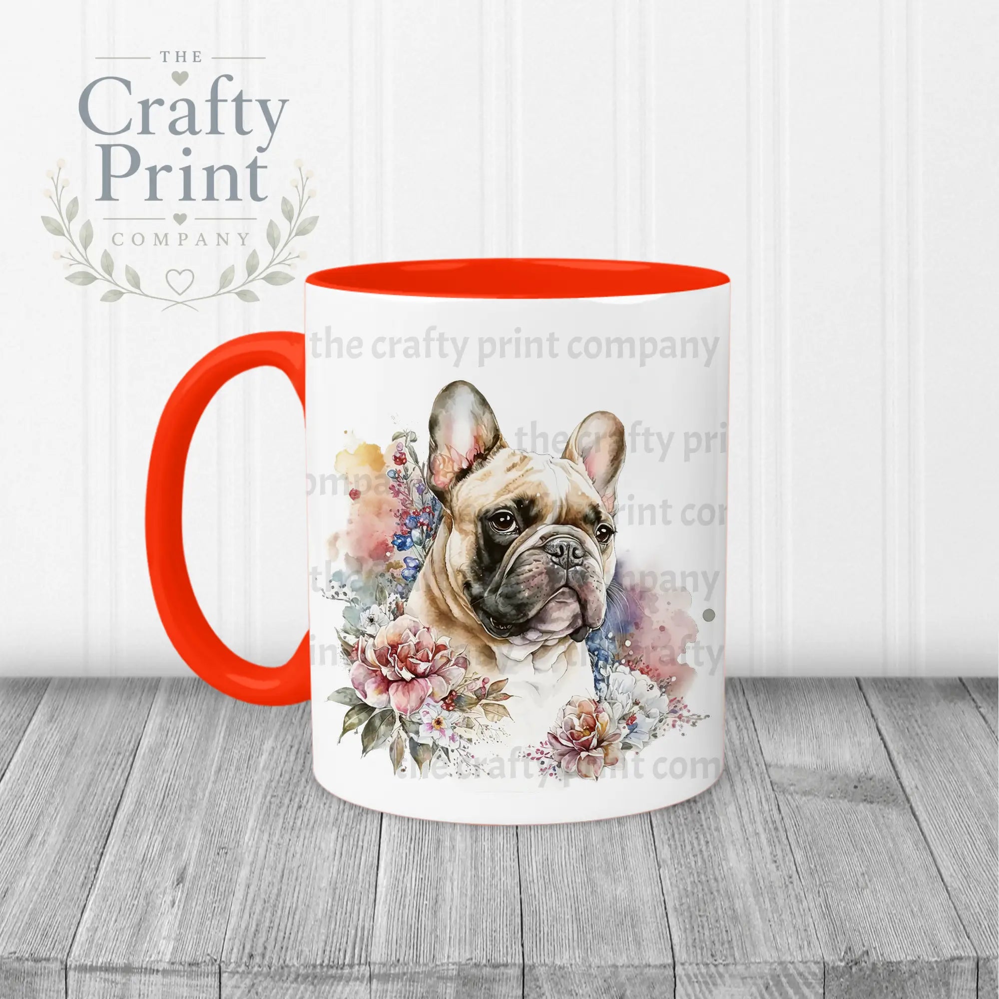 French Bulldog Pastel Flowers Mug - Red Handle & Inner