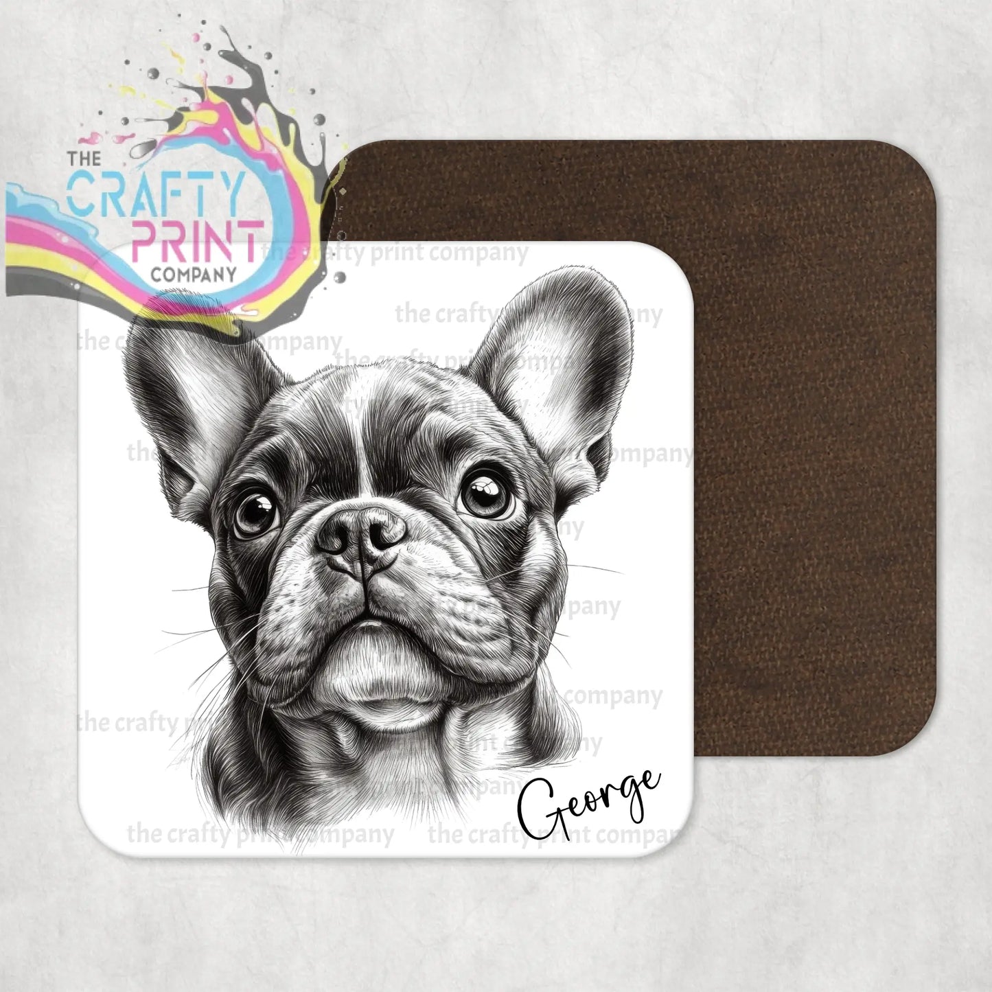 White coaster with a detailed black and white french bulldog pencil drawing and the name george elegantly scripted below